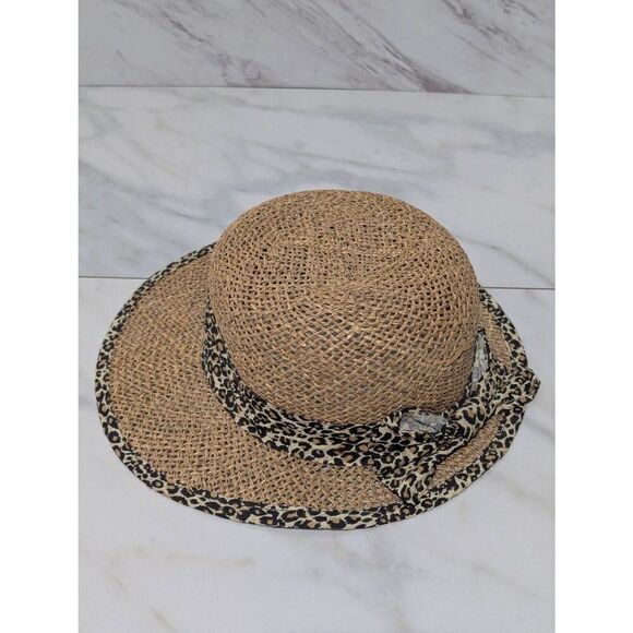 Unbranded Women's Tan & Black Leopard Print Trim & Band Natural Straw Fiber Hat - Picture 2 of 6
